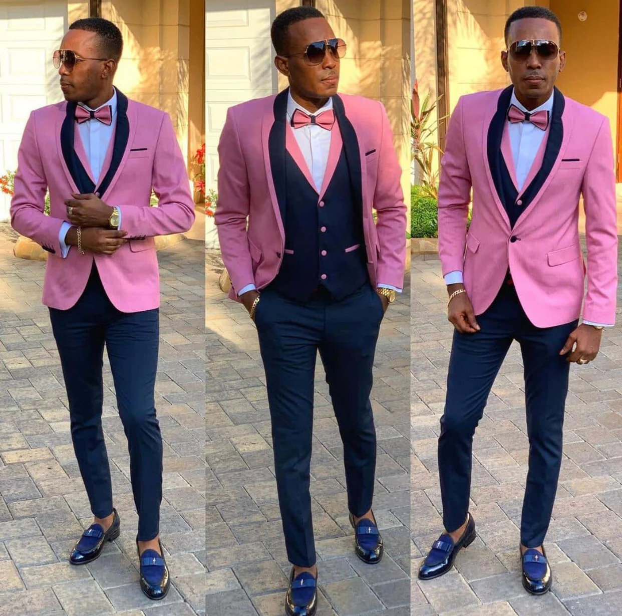 Pink Shawl Lapel Three Pieces Slim Fit Men Suits - Image 2