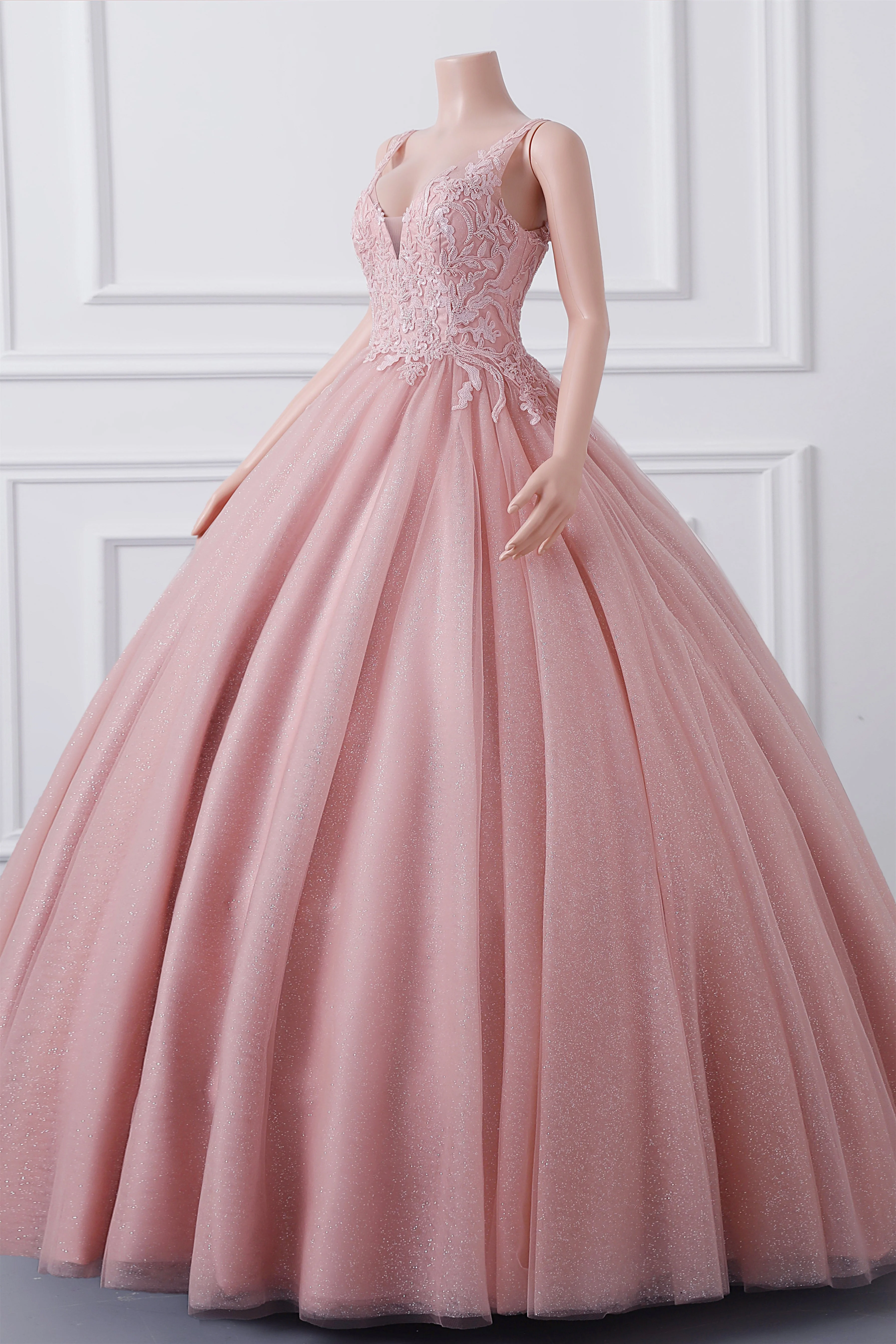 Sleeveless Dusty Pink Luxury Beaded Ball Gown Quince Dresses - Image 7