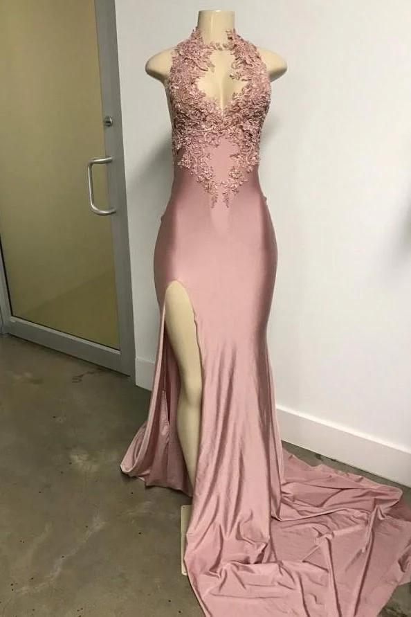 Pink Sleeveless Front Slit Appliques Long Mermaid Prom Dresses - Image 3