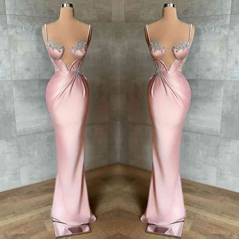 Pink Spaghetti-Straps Mermaid Prom Dress Sleeveless With Appliques - Image 2