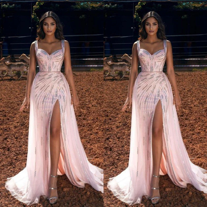 Pink Straps Sweetheart Long Prom Dress Mermaid Ruffles Evening Gowns With Slit - Image 2