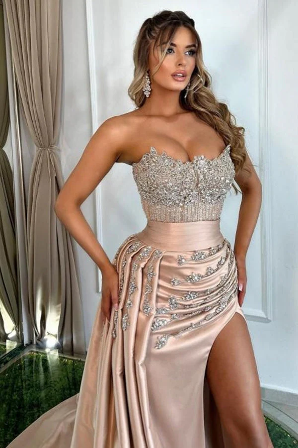 Pink Sweetheart Silver Beaded High Split Prom Dresses with Pleats - Image 3