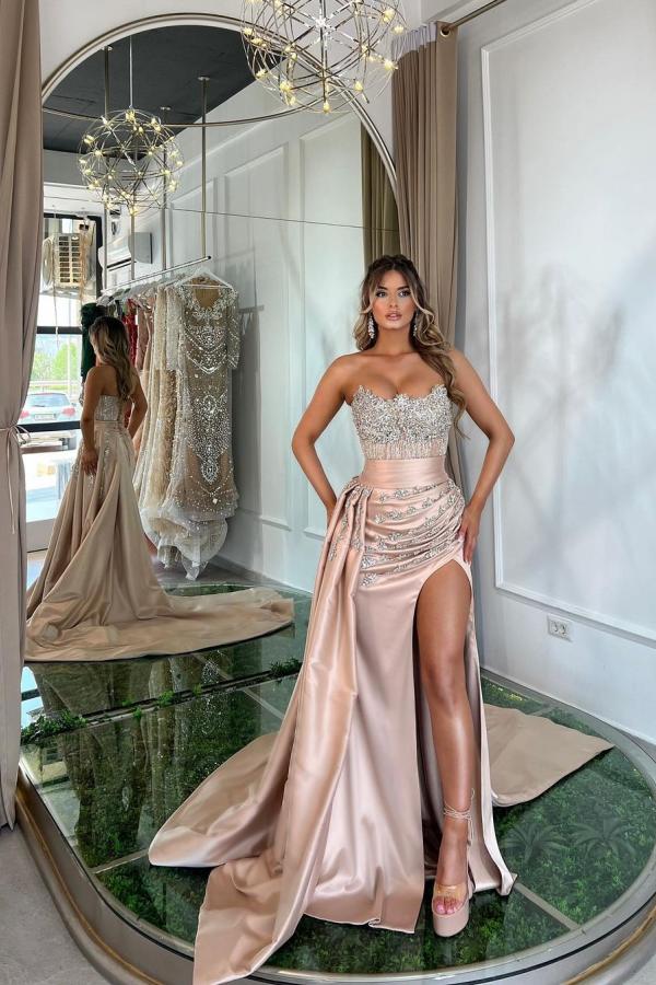 Pink Sweetheart Silver Beaded High Split Prom Dresses with Pleats - Image 4