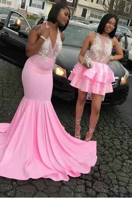 Pink V-neck Halter Sleeveless Appliques Long Mermaid Prom Dresses - Image 2