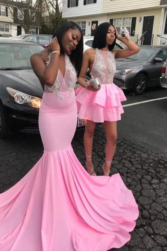 Pink V-neck Halter Sleeveless Appliques Long Mermaid Prom Dresses - Image 3