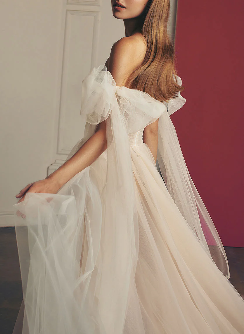 Pleated Tulle Off-The-Shoulder Chic A-line Wedding Dresses Split Front for the Summer Beach - Image 7