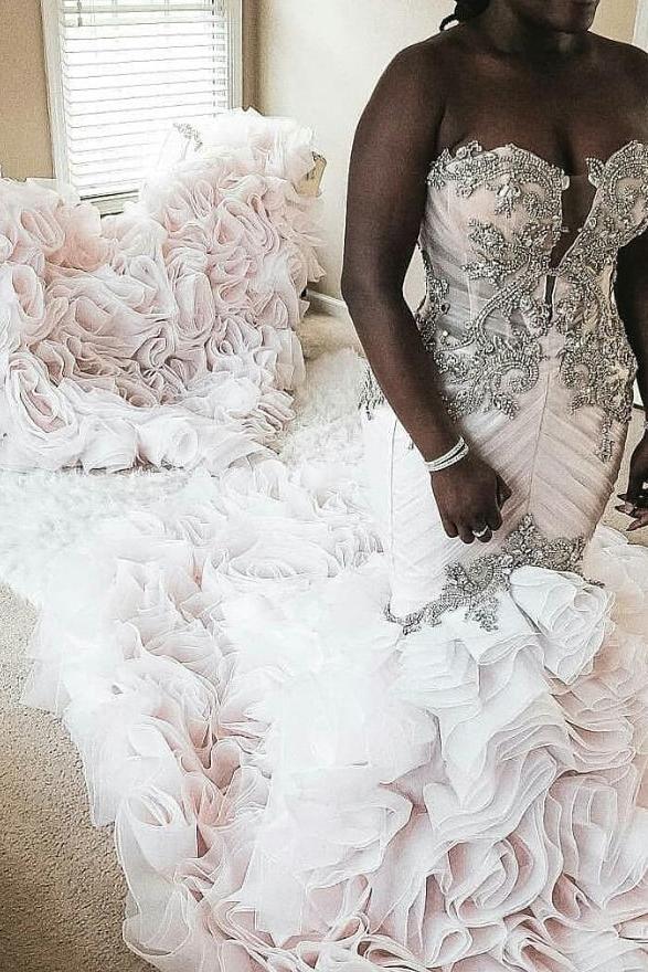 Plus Size Mermaid Crystal Lace Beads Sweetheart Long Train African Custom Made Ruffless Wedding Dresses - Image 2