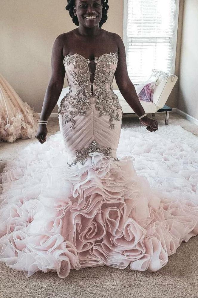 Plus Size Mermaid Crystal Lace Beads Sweetheart Long Train African Custom Made Ruffless Wedding Dresses - Image 3