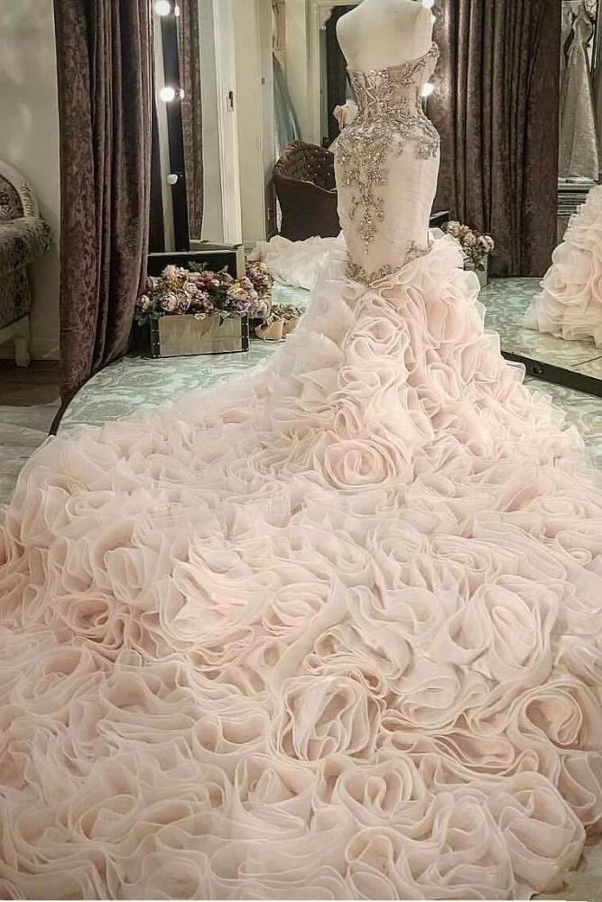 Plus Size Mermaid Crystal Lace Beads Sweetheart Long Train African Custom Made Ruffless Wedding Dresses - Image 4