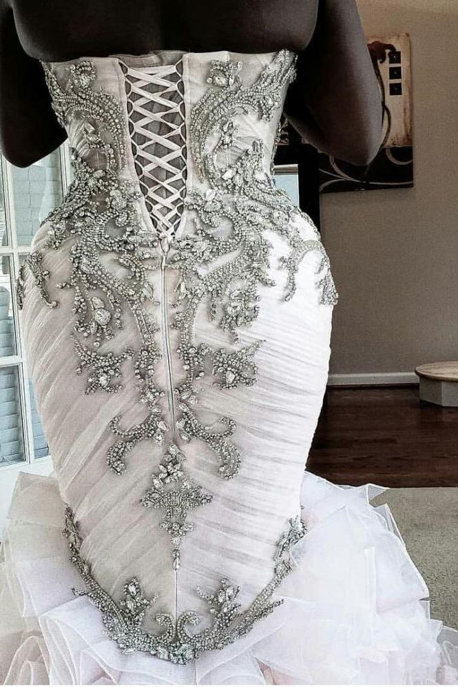 Plus Size Mermaid Crystal Lace Beads Sweetheart Long Train African Custom Made Ruffless Wedding Dresses - Image 5