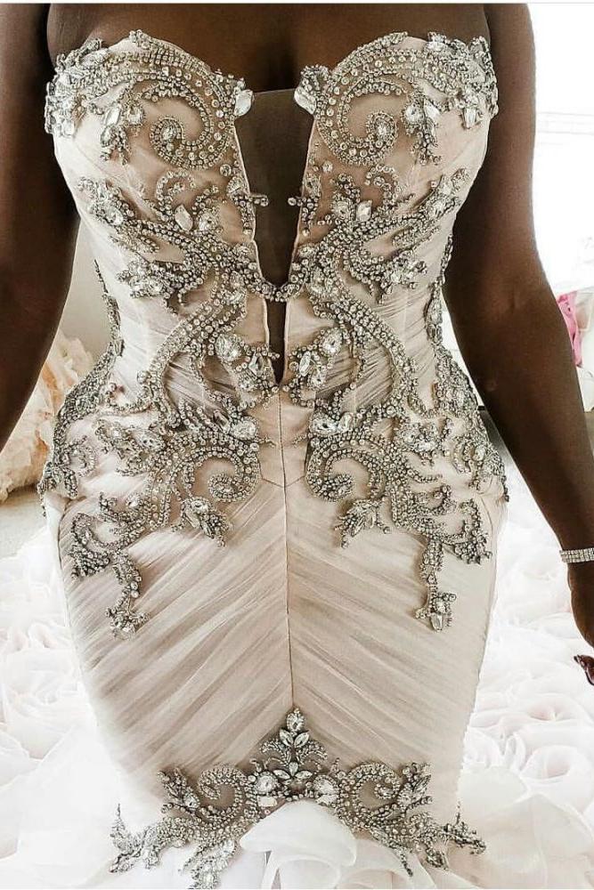 Plus Size Mermaid Crystal Lace Beads Sweetheart Long Train African Custom Made Ruffless Wedding Dresses - Image 6