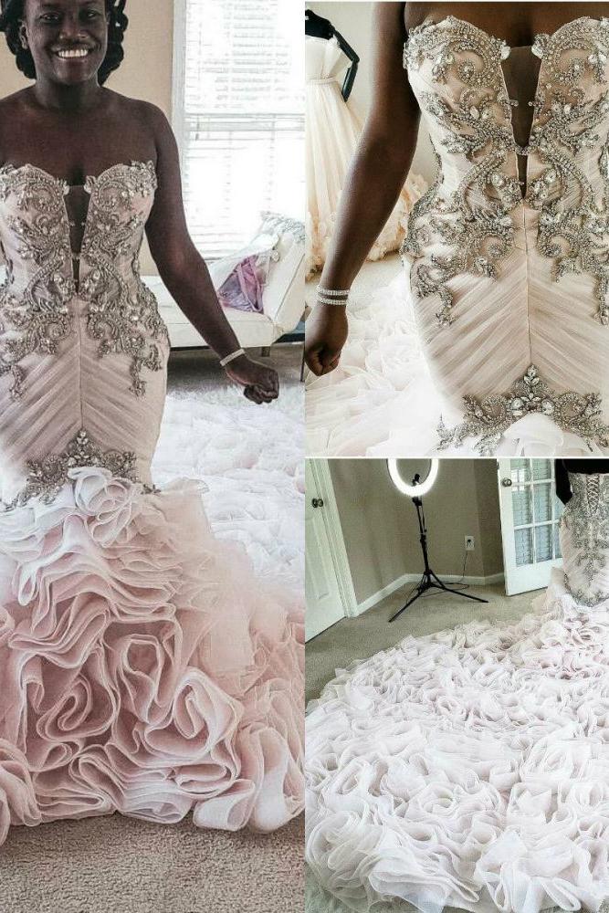 Plus Size Mermaid Crystal Lace Beads Sweetheart Long Train African Custom Made Ruffless Wedding Dresses - Image 7