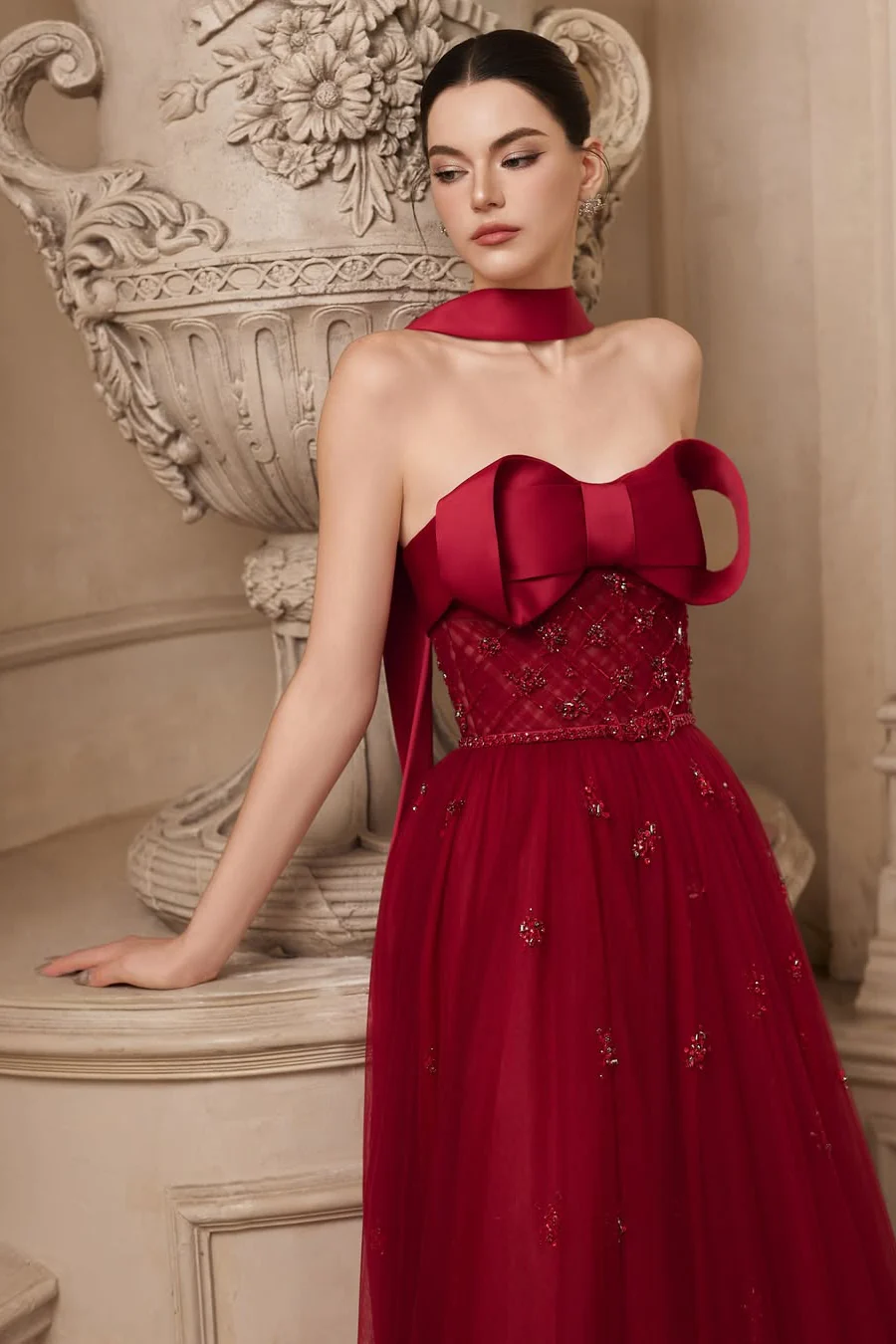 Popular Burgundy Strapless Tulle A-Line Prom Dresses Sleeveless Gem With Bow Knot Beadings - Image 3