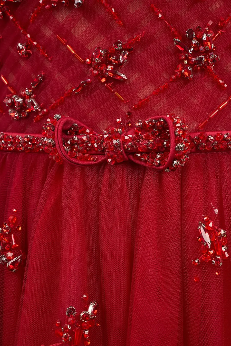 Popular Burgundy Strapless Tulle A-Line Prom Dresses Sleeveless Gem With Bow Knot Beadings - Image 5