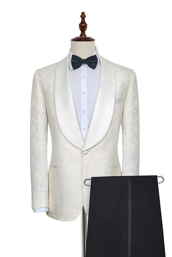 Classy Jacquard White Tuxedos for Wedding Silk Shawl Lapel One Button Wedding Suit for Men - Image 2