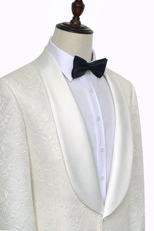 Classy Jacquard White Tuxedos for Wedding Silk Shawl Lapel One Button Wedding Suit for Men - Image 3