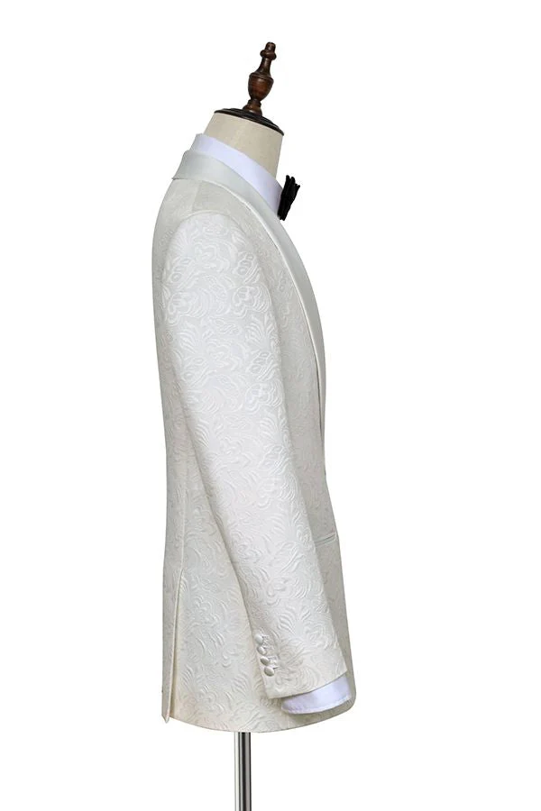 Classy Jacquard White Tuxedos for Wedding Silk Shawl Lapel One Button Wedding Suit for Men - Image 4