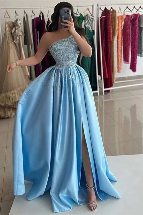 Popular Sky Blue One Shoulder Prom Dresses Sleeveless Sequins With High Slit Pearls - Image 2