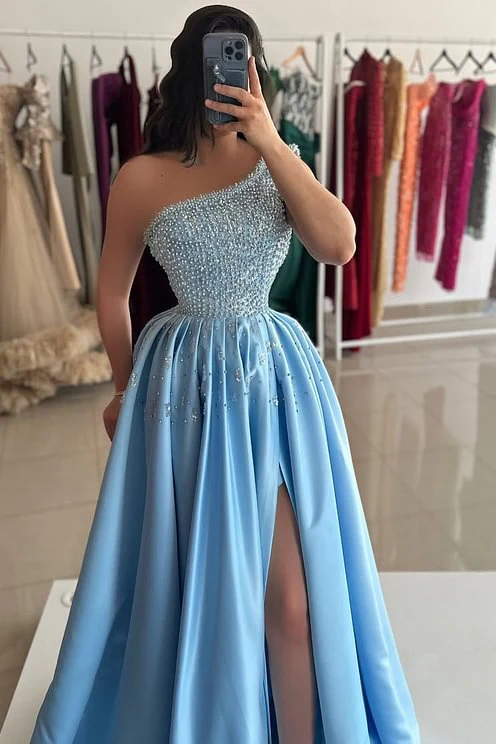 Popular Sky Blue One Shoulder Prom Dresses Sleeveless Sequins With High Slit Pearls - Image 3
