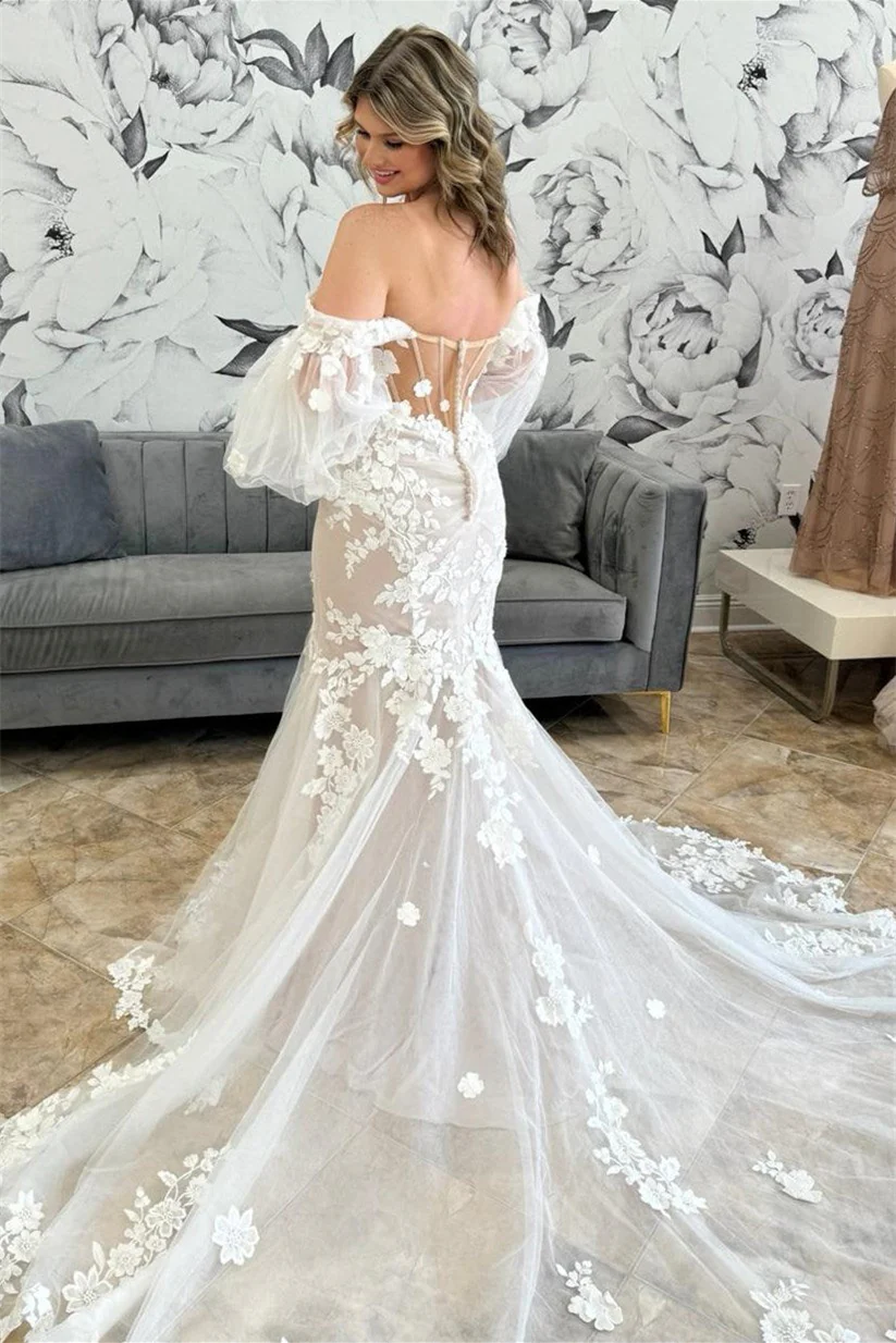 Popular Sweetheart Off-The-Shoulder Mermaid Wedding Dresses Lace Appliques With Detachable Long Sleeveless - Image 3