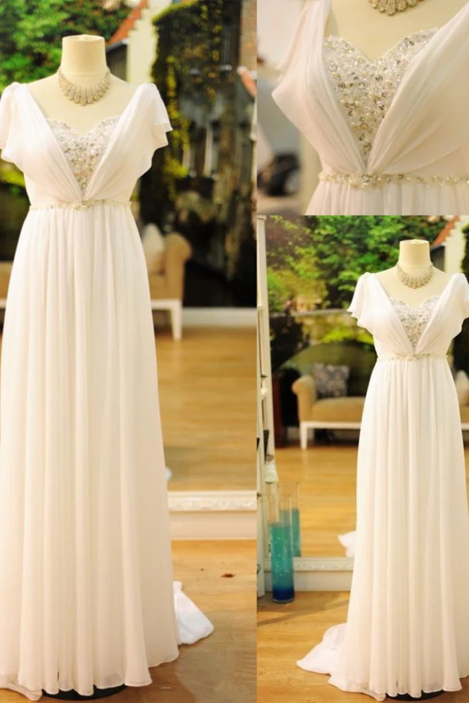 Popular Vintage Wedding Dresses Bohemia Short Sleeves Beads Peals Chiffon Bridal Dress - Image 2
