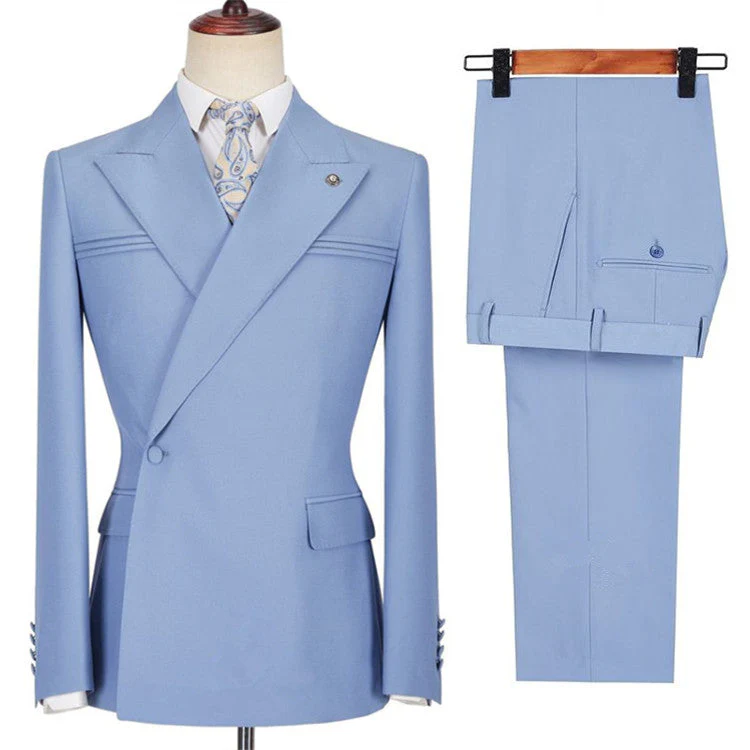 Blue Slim Fit Peaked Lapel Ruffles Designer Men's Prom Suits - Image 3