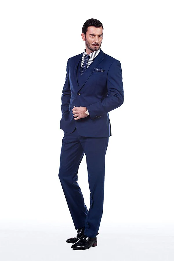 Premium Peak Lapel Navy Blue Three Piece Suits for Men with Double Breasted Vest - Image 2
