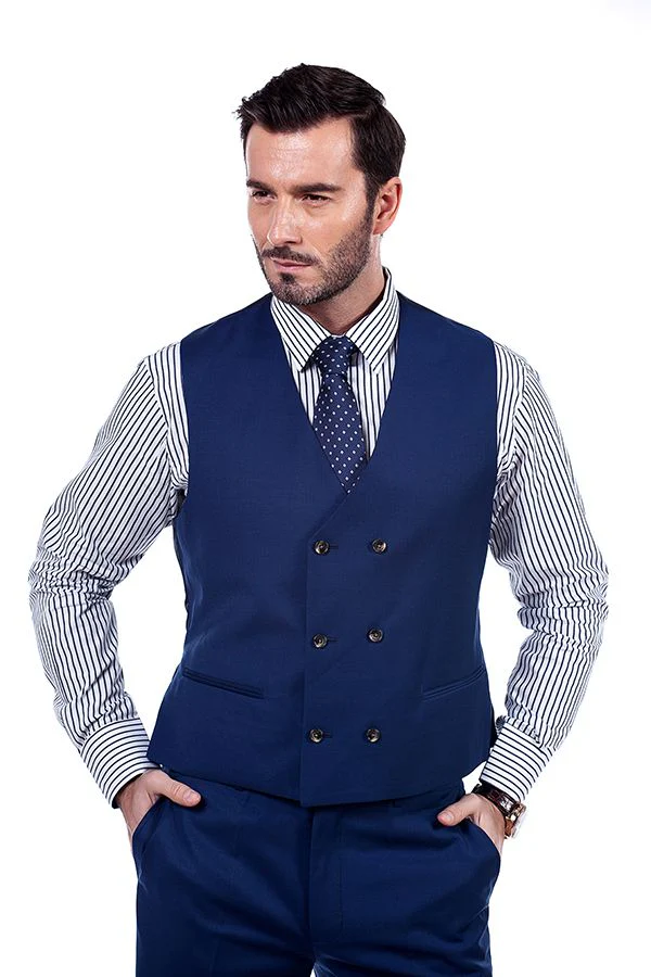 Premium Peak Lapel Navy Blue Three Piece Suits for Men with Double Breasted Vest - Image 7