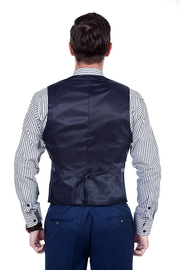 Premium Peak Lapel Navy Blue Three Piece Suits for Men with Double Breasted Vest - Image 8