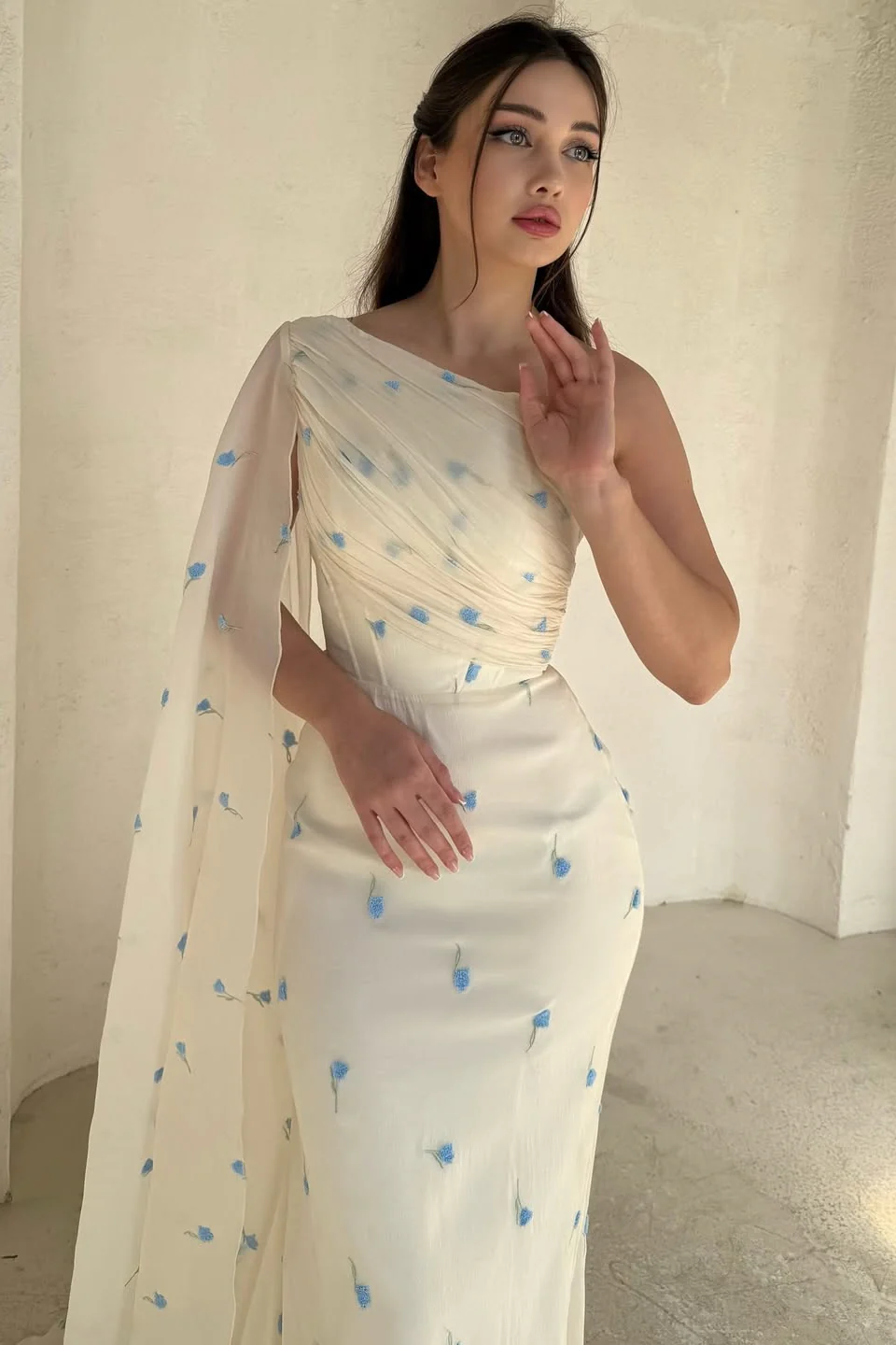Pretty Asymmetrical One Shoulder Chiffon Mermaid Prom Dresses Column With Ruffle - Image 4