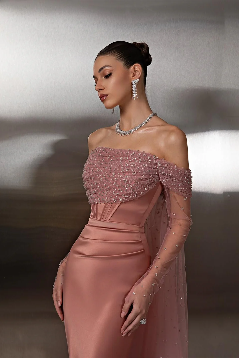 Pretty Dusty Rose Off-The-Shoulder Satin Prom Dress Mermaid Long Sleeves Beads With Ruffle - Image 2