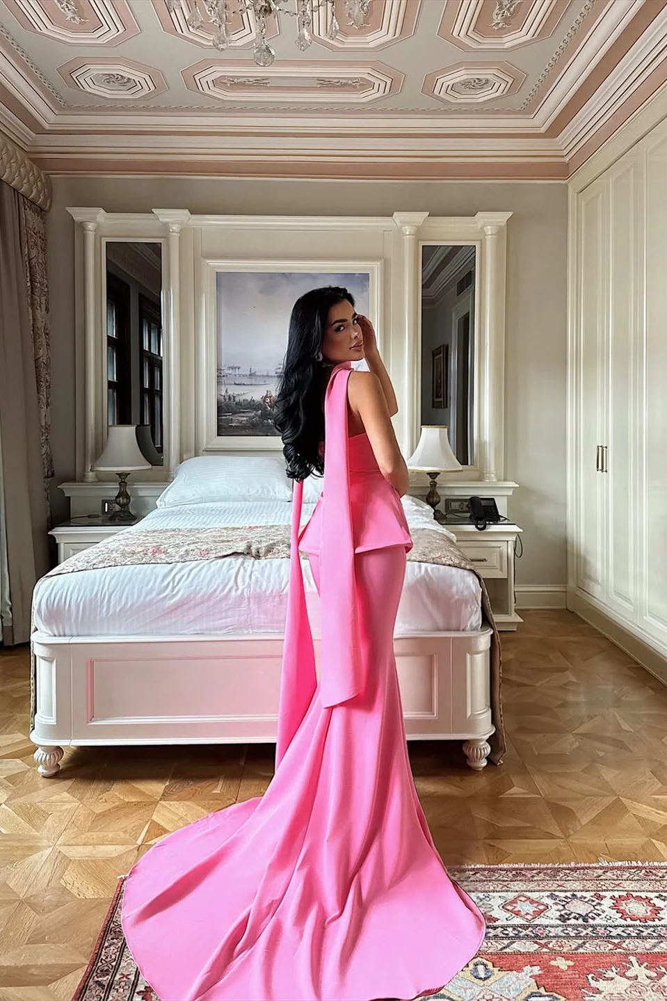 Pretty Flamingo Strapless Sleeveless Satin Mermaid Prom Dress Two Pieces Set On Sale - Image 2