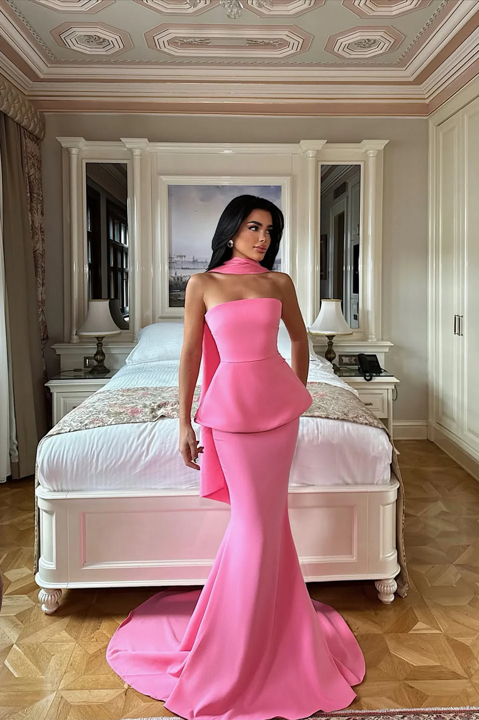 Pretty Flamingo Strapless Sleeveless Satin Mermaid Prom Dress Two Pieces Set On Sale - Image 3