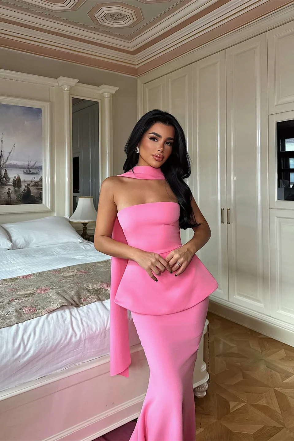 Pretty Flamingo Strapless Sleeveless Satin Mermaid Prom Dress Two Pieces Set On Sale - Image 4