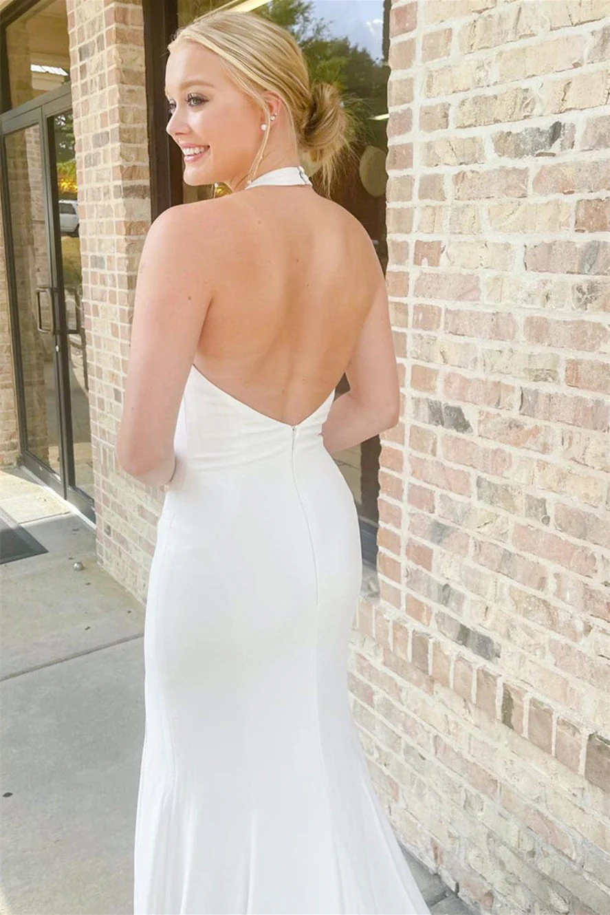Pretty Halter Satin Sleeveless Mermaid Wedding Dresses Open Back With High Slit - Image 2