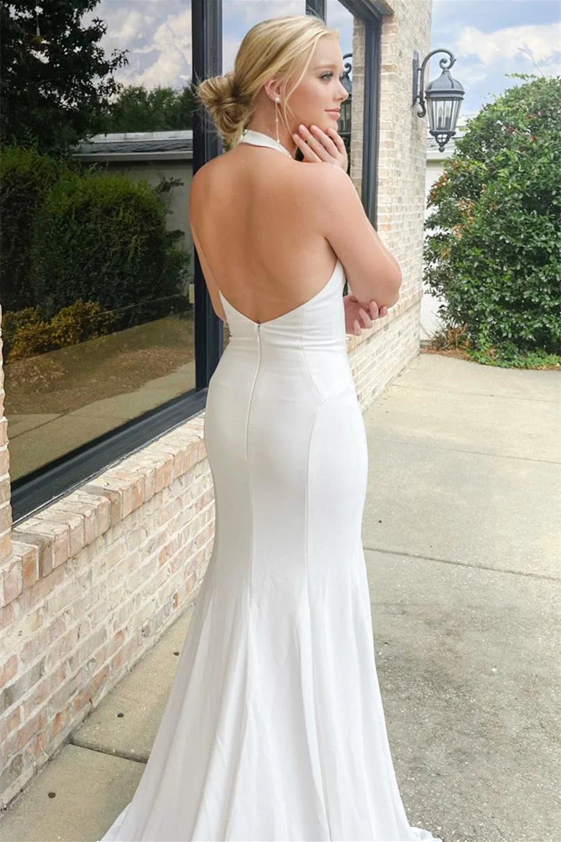 Pretty Halter Satin Sleeveless Mermaid Wedding Dresses Open Back With High Slit - Image 3