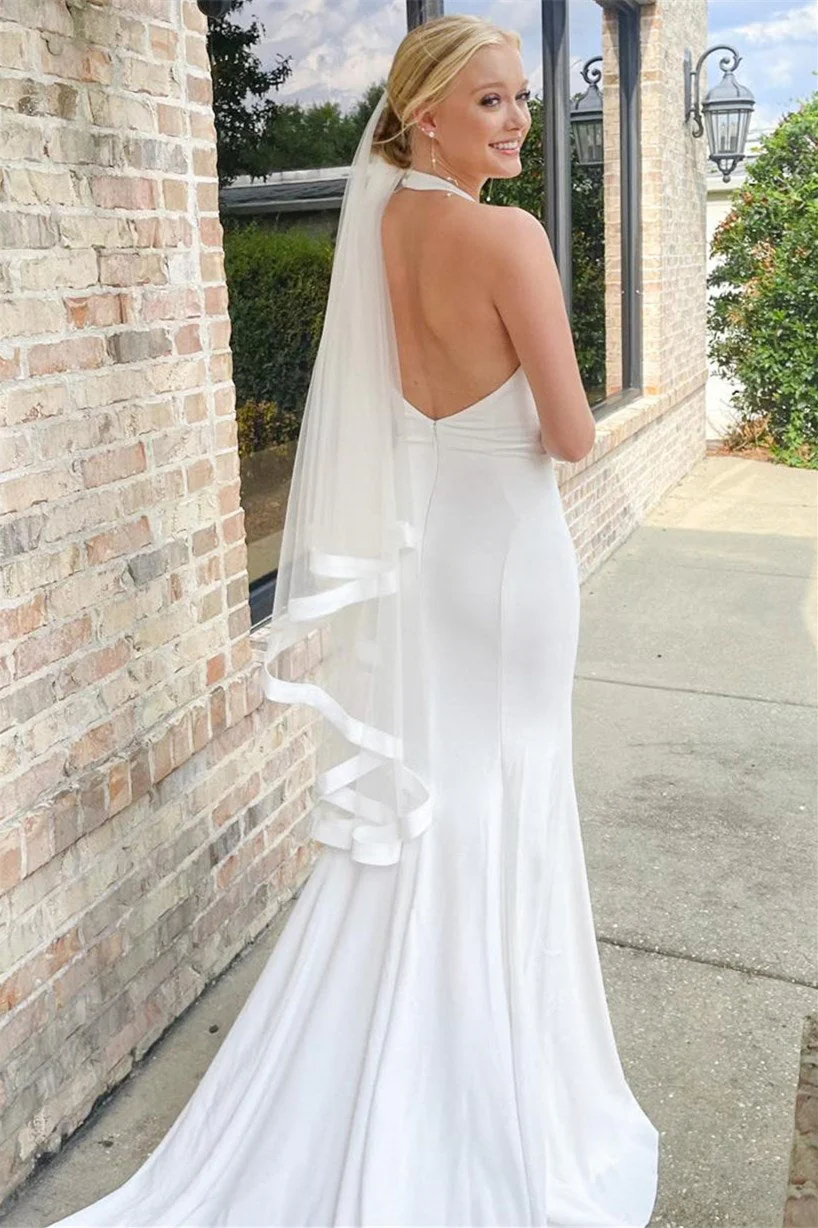 Pretty Halter Satin Sleeveless Mermaid Wedding Dresses Open Back With High Slit - Image 4