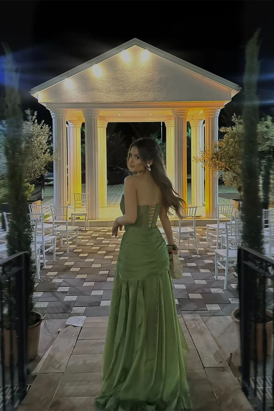 Pretty Moss Sweetheart Strapless Sleeveless Chiffon Prom Dresses Long Ruffle With  Lace-Up Back - Image 4