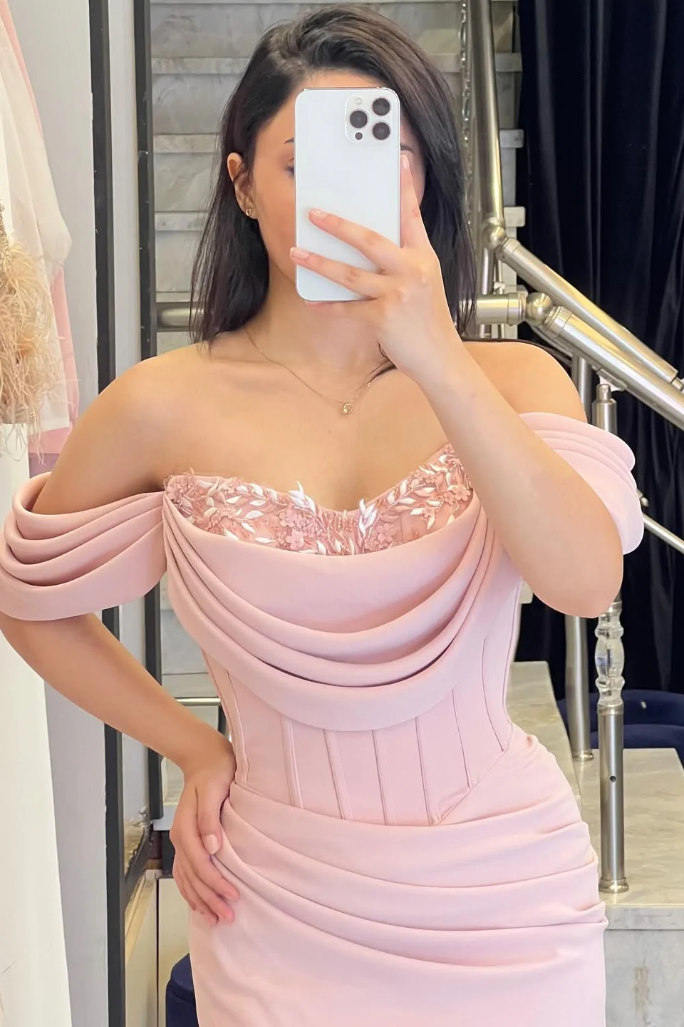 Pretty Pink Mermaid Off-The-Shoulder Satin Prom Dresses Sweetheart Sleeveless With Beads Pleats - Image 2
