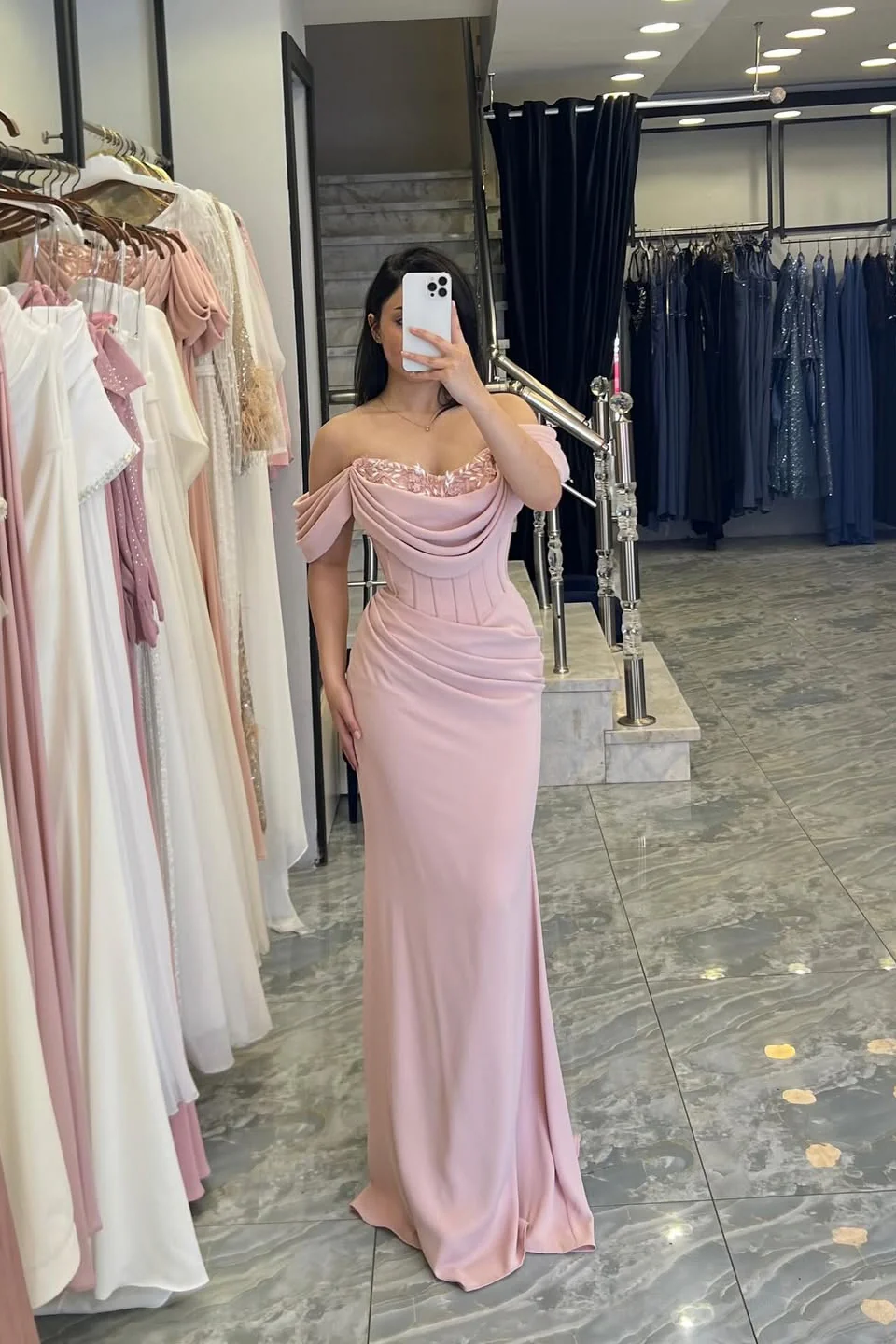 Pretty Pink Mermaid Off-The-Shoulder Satin Prom Dresses Sweetheart Sleeveless With Beads Pleats - Image 3