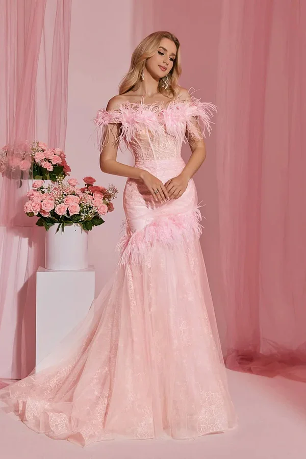 Pretty Pink Off-The-Shoulder Tulle Prom Dresses Sheath With Feather Pleats - Image 2