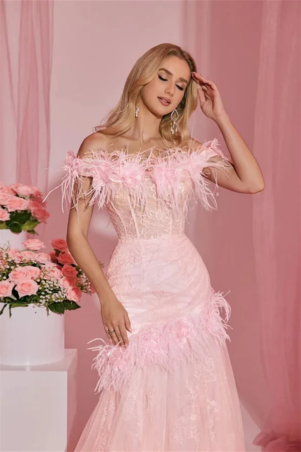 Pretty Pink Off-The-Shoulder Tulle Prom Dresses Sheath With Feather Pleats - Image 3