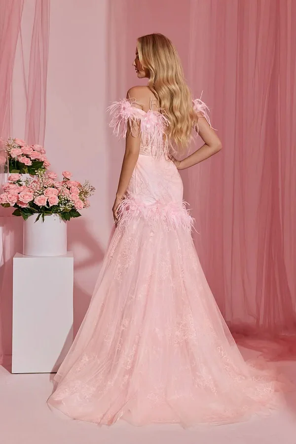 Pretty Pink Off-The-Shoulder Tulle Prom Dresses Sheath With Feather Pleats - Image 4