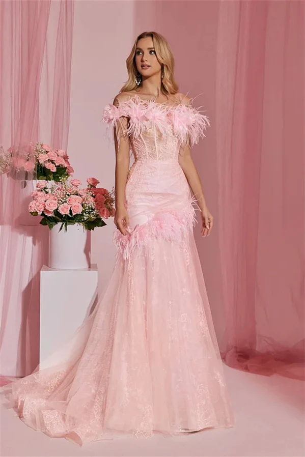 Pretty Pink Off-The-Shoulder Tulle Prom Dresses Sheath With Feather Pleats - Image 5
