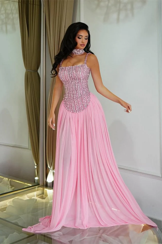 Pretty Pink Spaghetti-Straps Chiffon Prom Dresses Floor Length Sleeveless With Beads - Image 3