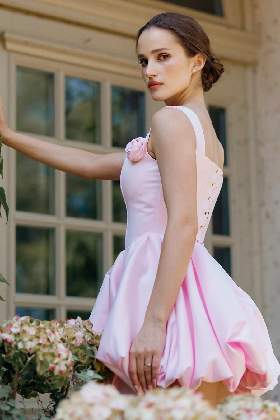 Pretty Pink Square Straps A-Line Satin Homecoming Dress Sleeveless Mini Lace-Up Back With Flower - Image 2