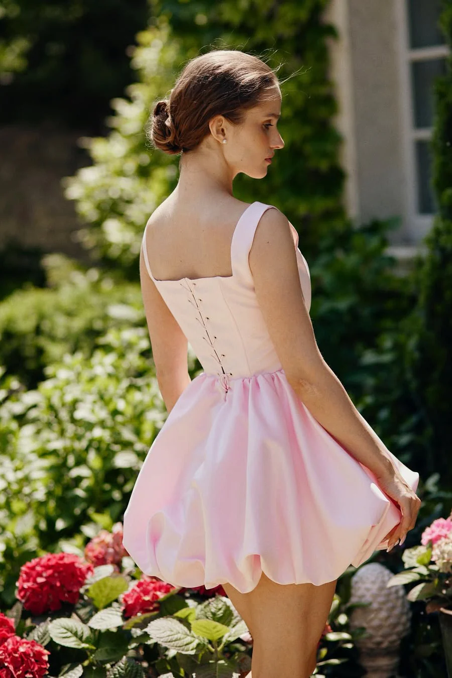 Pretty Pink Square Straps A-Line Satin Homecoming Dress Sleeveless Mini Lace-Up Back With Flower - Image 3