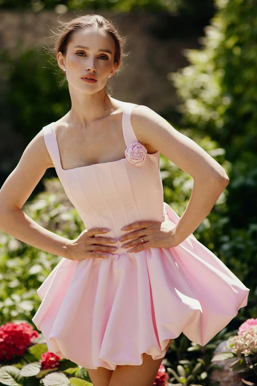 Pretty Pink Square Straps A-Line Satin Homecoming Dress Sleeveless Mini Lace-Up Back With Flower - Image 5