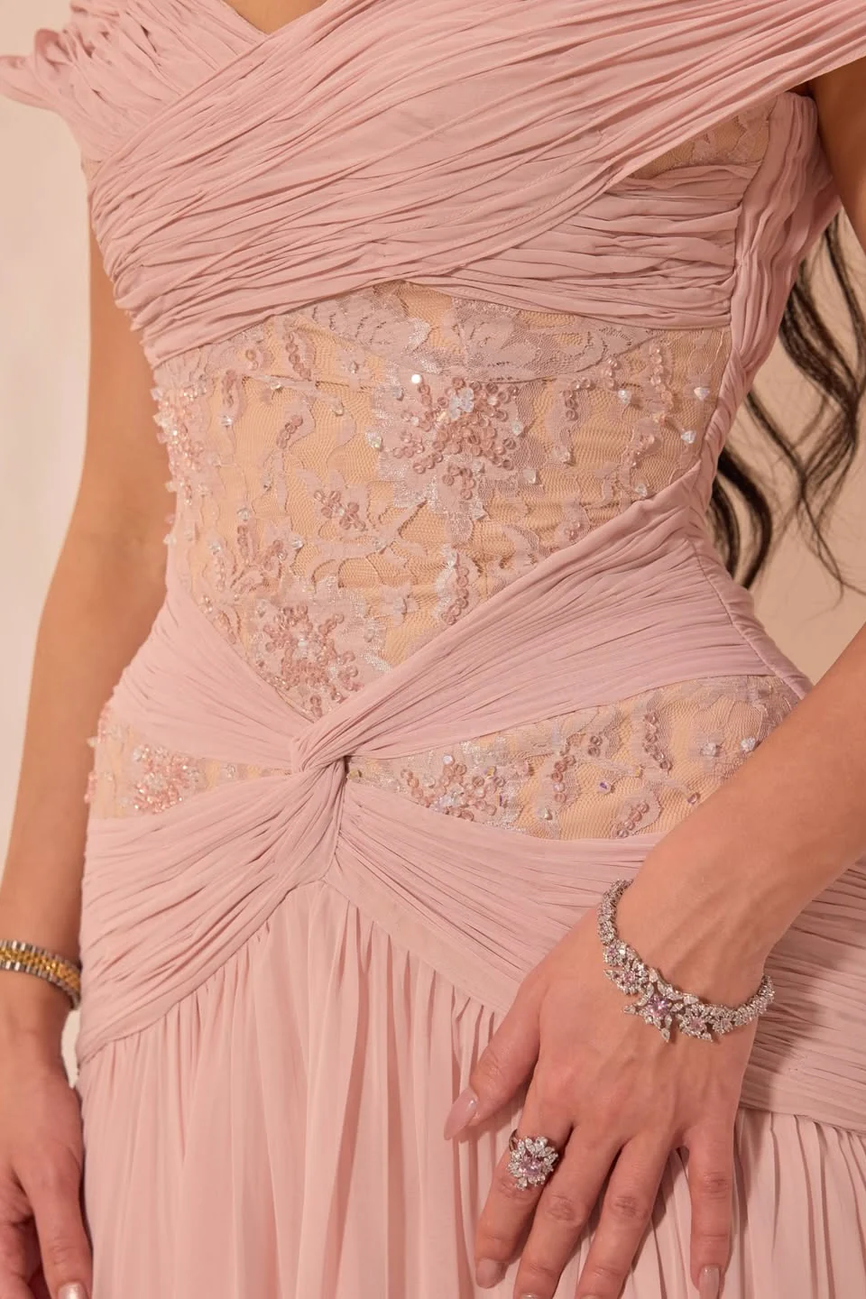 Pretty Pink V-Neck Off-The-Shoulder Chiffon Prom Dresses A-Line Beads With Pleats - Image 2
