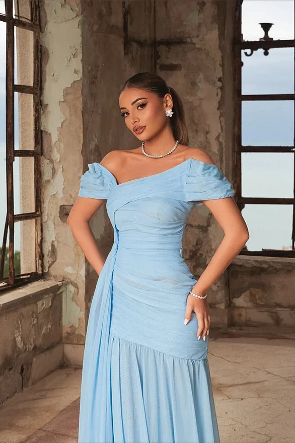 Pretty Sky Blue Off-The-Shoulder Chiffon Prom Dress A-Line High Split With Ruffle Pleats - Image 2